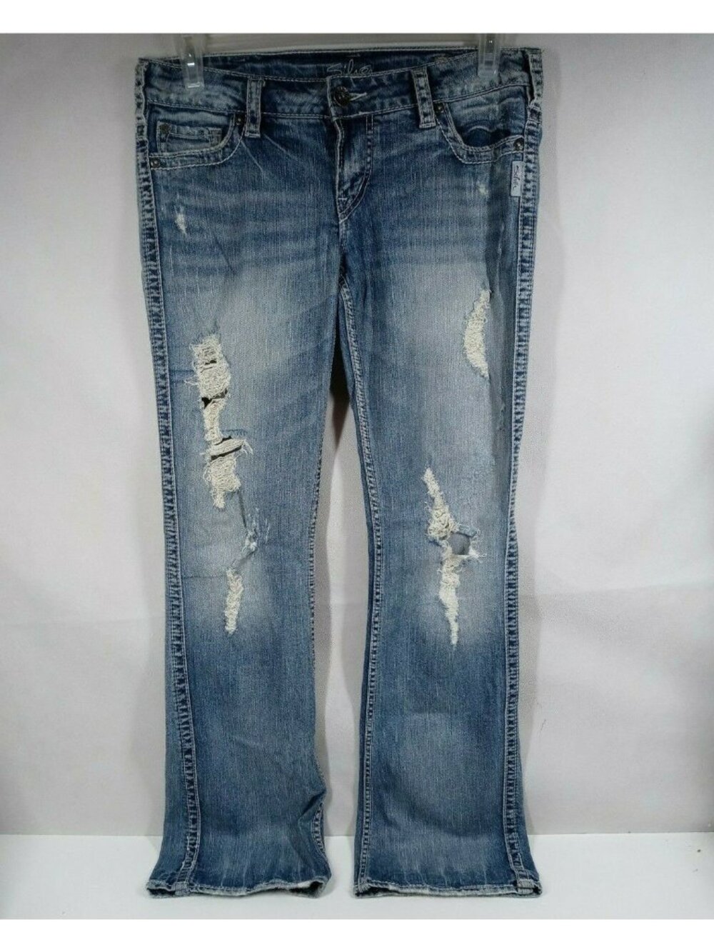 Silver Frances 18" Bootcut Embroidered Ripped Distressed Whiskered Jeans 30x33